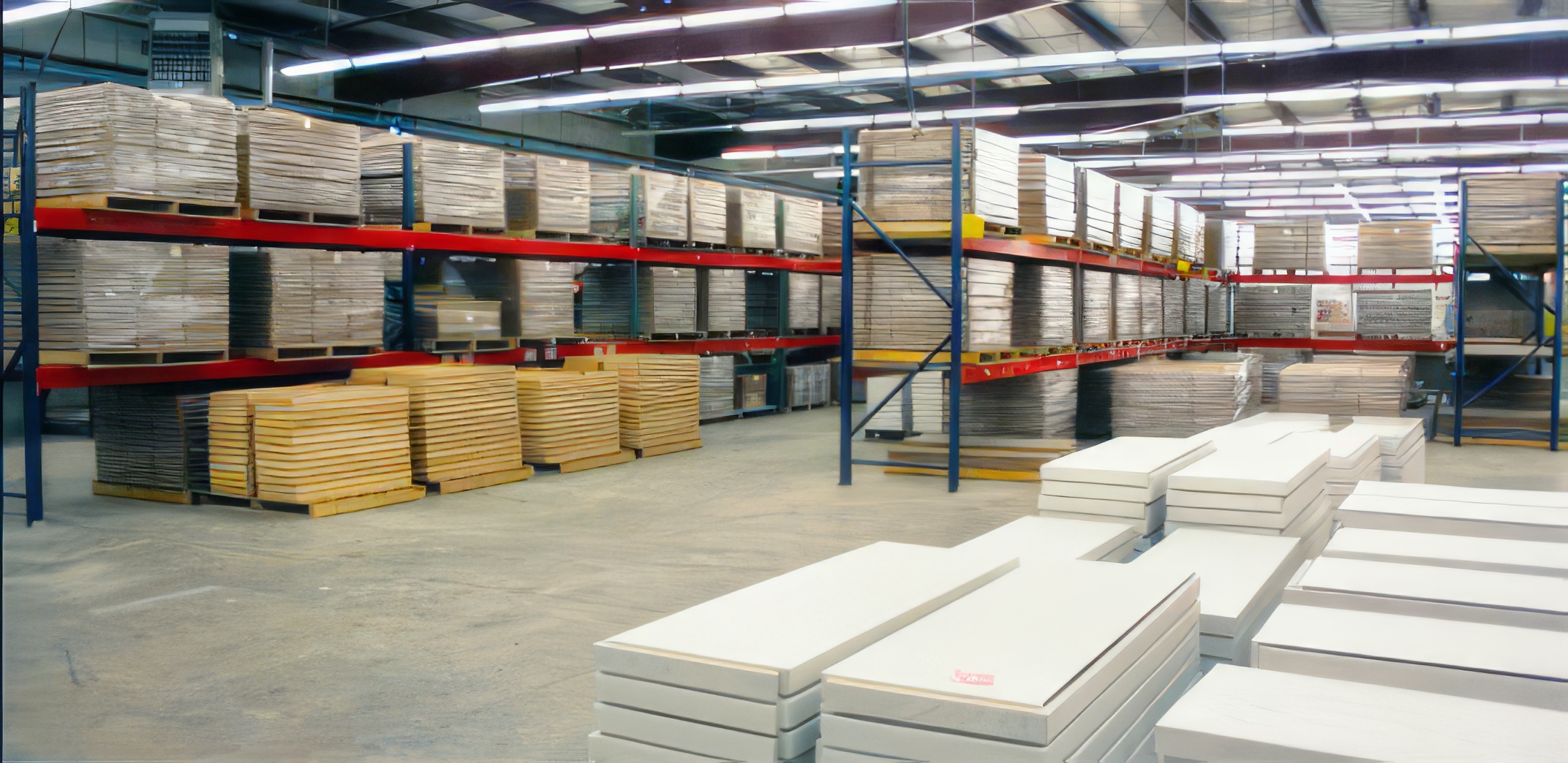 Fixture components staged on pallet racking on a manufacturing floor